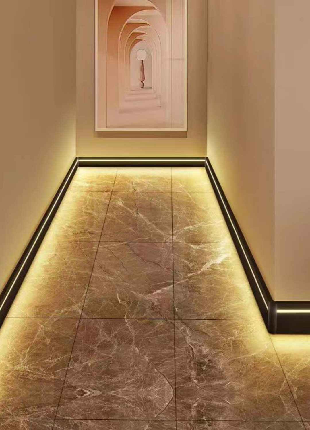 إضاءة الأرضية: قم بتركيب شرائط LED على حواف أرضيات غرفة المعيشة أو الممرات لخلق تأثير رائع. سيجعل ذلك منزلك يبدو أكثر اتساعًا وأنيقًا.<br> 